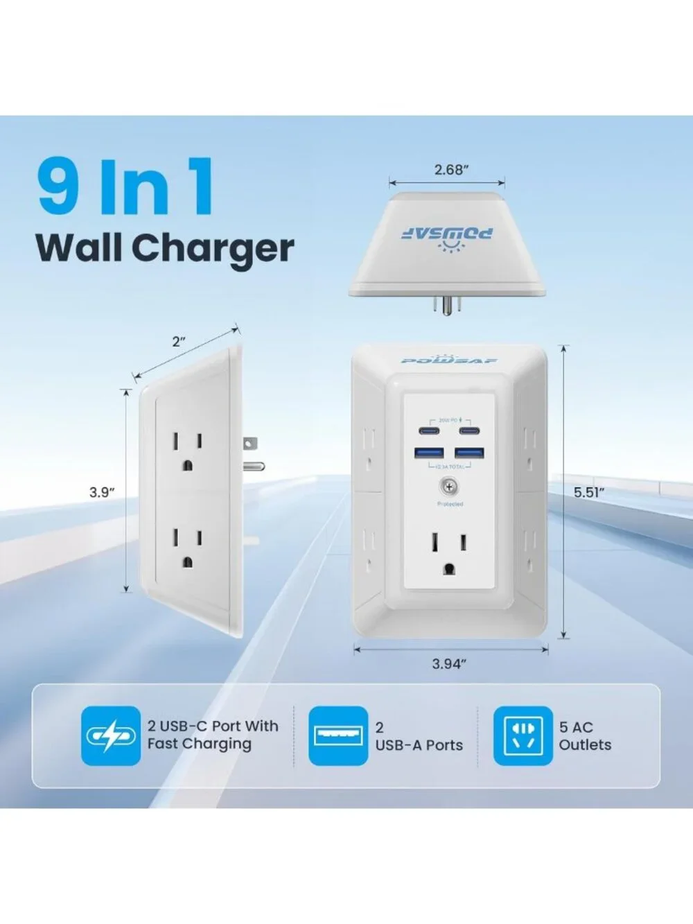 5-Outlet Surge Protector Power Strip with 4 USB Ports & Night Light - ETL